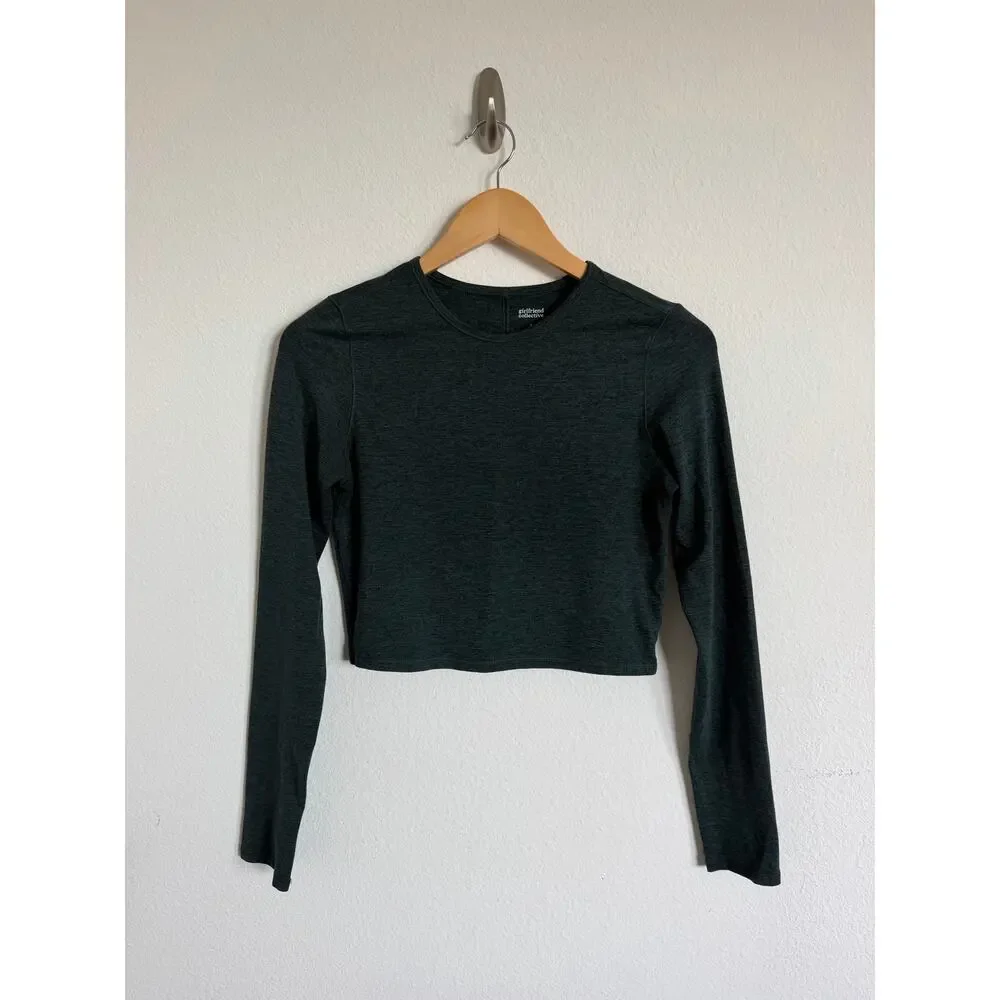 Girlfriend Collective Resest Cropped Top Long Sleeve Yoga Workout Green Size S
